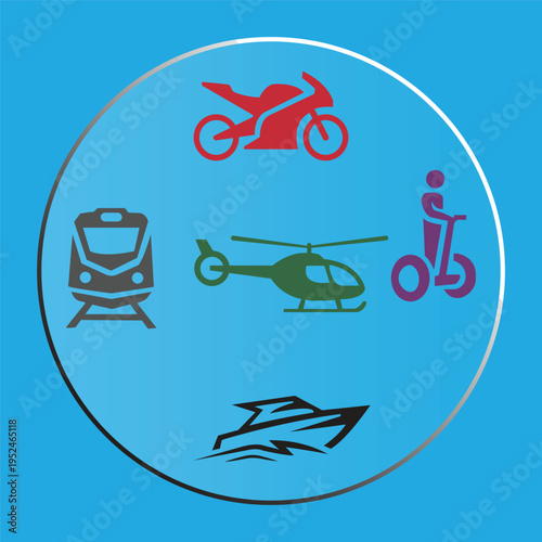 Collection of transportation icons featuring a motorcycle, train, helicopter, unicycle, and speedboat in a circular frame