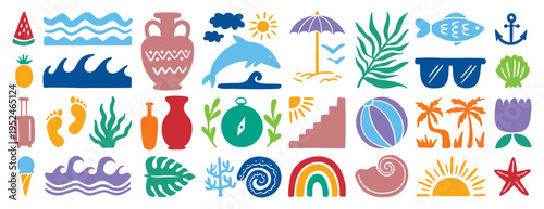 retro groovy boho geometric summer surf beach or palm tree set. beach elements hand drawn cartoon doodle signs