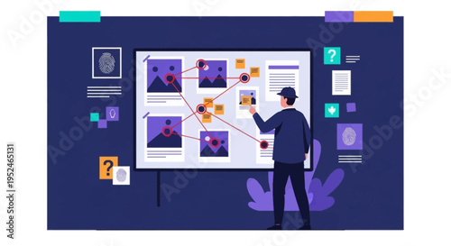 Investigator analyzing crime scene evidence on board connecting suspect clues and forensic data