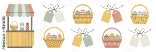 Rustic Easter market icon set with stall baskets and tags – Perfect for artisanal branding, farm-to-table marketing, or local event ads.