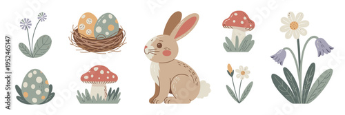 Woodland Easter icon sheet with forest bunny and mushrooms – Perfect for whimsical spring branding, children's books, or forest-themed decor.