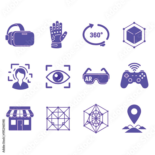 A collection of purple icons related to virtual reality