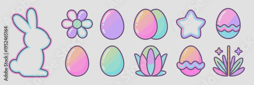 Pastel neon Easter icons with glowing bunny and gradient eggs – Perfect for social media graphics, trendy digital ads, or modern web banners.