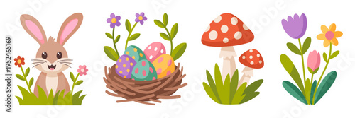 Enchanted forest Easter clipart bundle with bunny and toadstools – Great for fairy tale themed projects, spring blogs, or whimsical flyers.