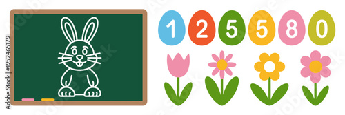 Classroom Easter vector bundle with chalkboard and learning icons – Suitable for elementary school decor, holiday lesson plans, or tutoring ads.