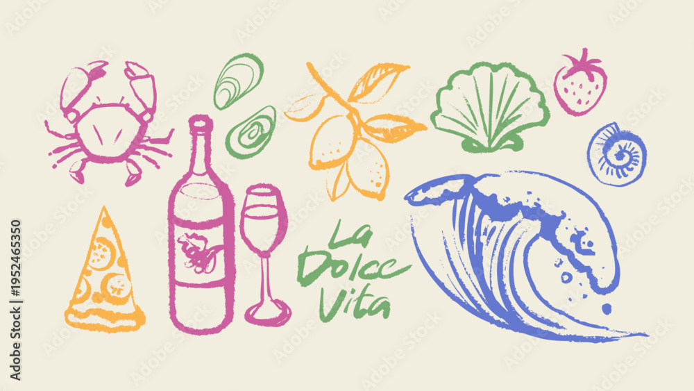 Obraz premium Hand drawn crayon tropical set. Dolce vita summer vibe. Vintage Italy Mediterranean coastal vacation poster. Vector sketch isolated illustration