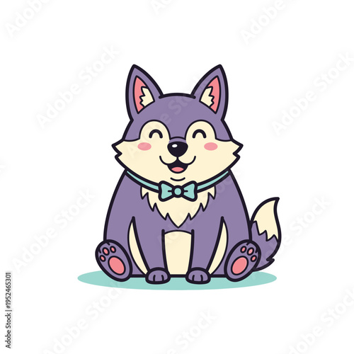 Cute Cartoon Wolf Sitting Happily with Bow Tie.