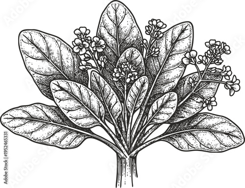 Botanical hand drawn illustration of flowering plant with large leaves and small clustered flowers in vintage