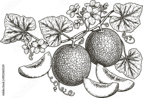 Hand drawn cantaloupe melon with leaves, flowers, and slices vintage botanical fruit illustration