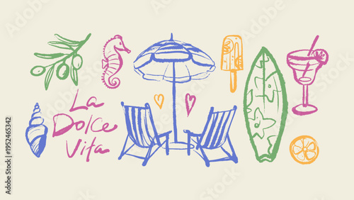 Hand drawn crayon tropical set. Dolce vita summer vibe. Vintage Italy Mediterranean coastal vacation poster. Vector sketch isolated illustration