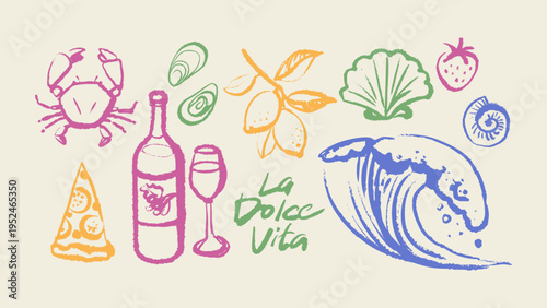 Hand drawn crayon tropical set. Dolce vita summer vibe. Vintage Italy Mediterranean coastal vacation poster. Vector sketch isolated illustration