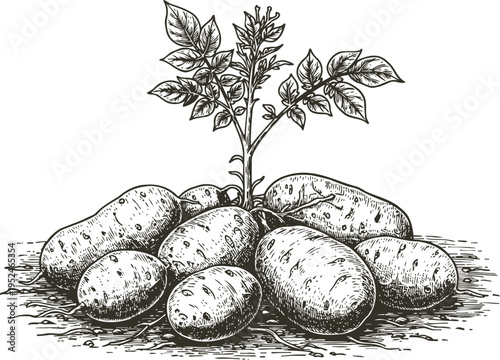 Potato plant with tubers growing underground hand drawn root vegetable and leafy stems botanical illustration