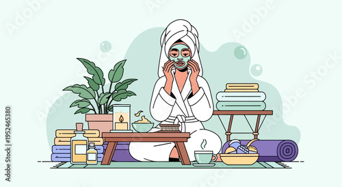 Young woman enjoying a relaxing spa facial mask treatment with a towel on her head in a bright studio.
