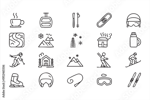 Snow and ski resort icon set with winter sports equipment and alpine travel elements
