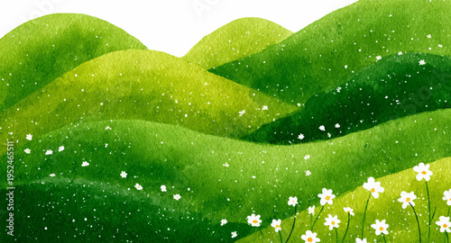 Green field landscape with wildflowers and grass stretching toward distant hills. Watercolor spring scenery showcasing rural village, blooming chamomile, and serene sky backdrop.