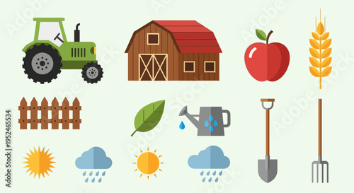 Various farm and agriculture-themed icons including a tractor, barn, and weather elements on a light green background.