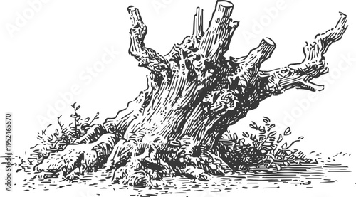 Detailed vintage illustration of a rugged tree stump with roots and surrounding foliage