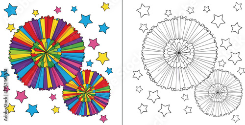 Colorful cheerleader pom poms and bright stars including black and white coloring page version isolated on white background for kids,