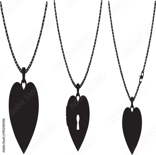 Isolated Heart Locket Pendant Necklace Silhouettes.