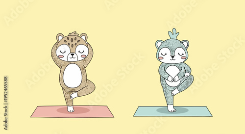 Two cute cartoon hamsters performing balancing yoga tree poses peacefully on colorful mats, isolated on a soft yellow background.