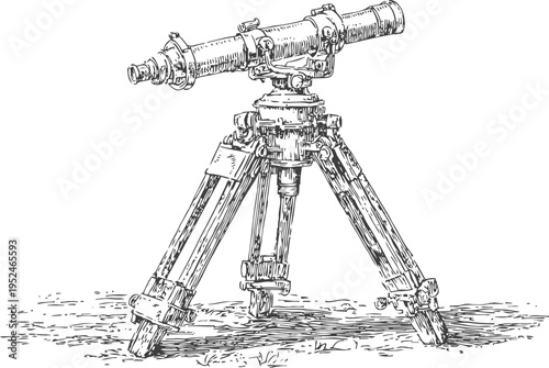 Vintage theodolite survey instrument on tripod detailed sketch drawing for measuring angles and land survey