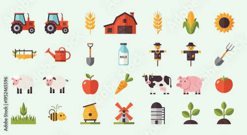 Collection of diverse farm and agriculture-themed icons including animals, crops, and farming tools on a light green background.
