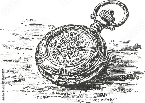 Vintage pocket watch with ornate floral engravings lying on textured surface detailed antique timepiece illustration