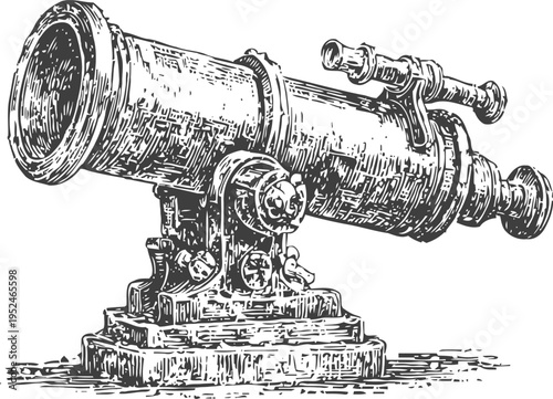 Antique cannon artillery piece detailed engraving illustration, historical military weapon on display