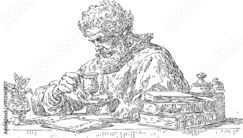 Old scholar studying at a desk with books, holding a cup, vintage engraving drawing illustration