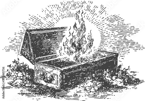 Vintage illustration of an open wooden coffin with flames inside, graveyard scene