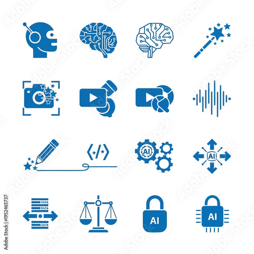 A collection of blue icons representing artificial intelligence concepts