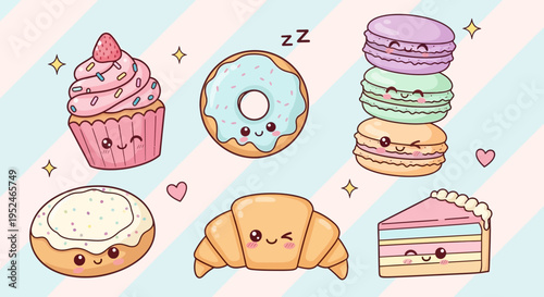 Collection of cute kawaii desserts with sleeping and happy faces, including a cupcake, donut, macarons, croissant, and cake slice on a pastel background.