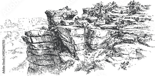 Detailed black and white sketch of rocky cliff edge with scattered bushes and vegetation outdoors