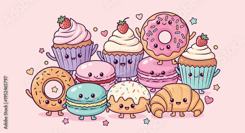 Assortment of cute kawaii pastries and desserts with happy faces, including donuts, cupcakes, macarons, and croissants, on a soft pastel pink background.