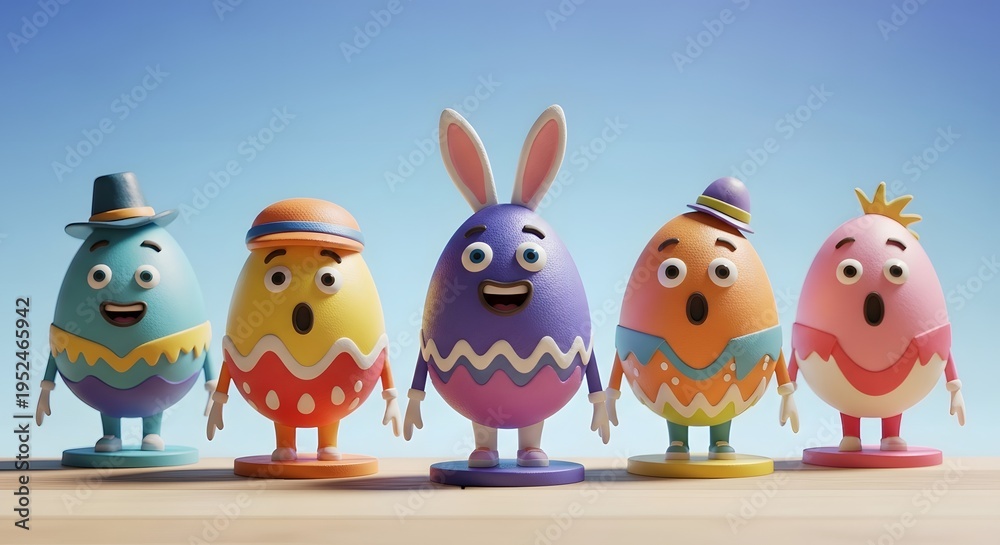 Fototapeta premium Colorful Easter eggs with surprised faces and accessories