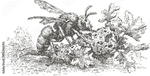Bee collecting nectar from a flower cluster with detailed leaves and natural habitat illustration