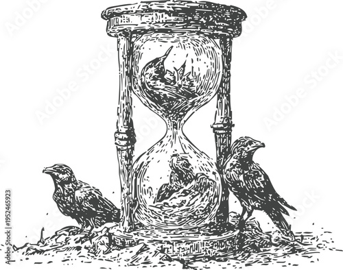 Vintage hourglass with birds inside and outside time symbol with ravens, detailed engraved sketch art