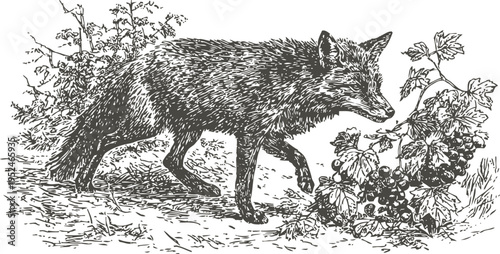 Fox sniffing ripe wild berries in forest underbrush detailed vintage illustration