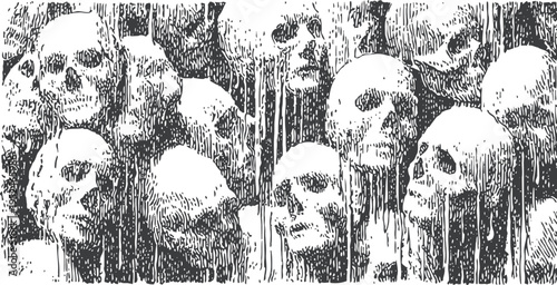 illustration of multiple human skulls stacked with dripping texture in black and white engraving