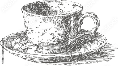 Vintage hand drawn teacup and saucer illustration, classic ceramic cup with handle and plate, traditional beverage ware sketch