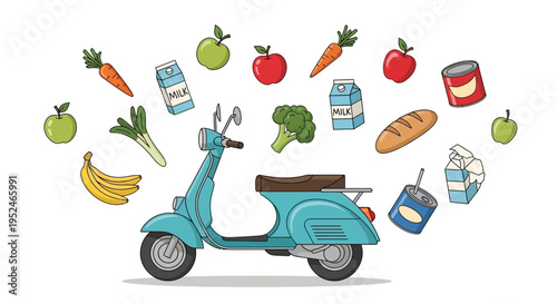 Classic blue Vespa scooter surrounded by fresh fruits, vegetables, and groceries, representing healthy eating and convenient shopping on an isolated white background.
