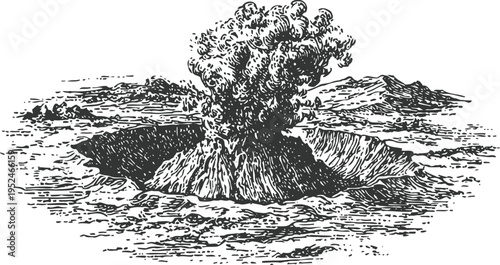 Volcano eruption with smoke and ash plume, detailed black and white engraved illustration