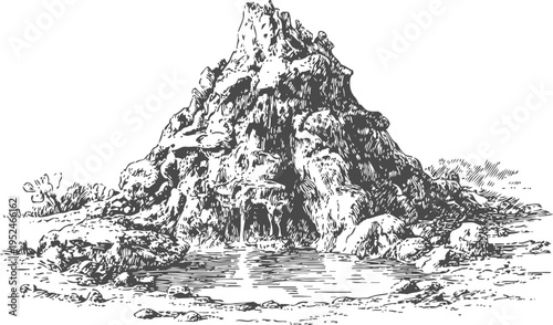 Illustration of a natural hot spring with rocky mountain formation and calm water pool