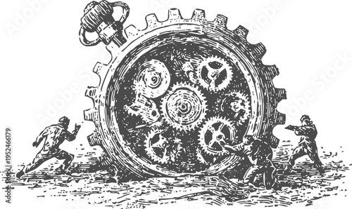 Vintage illustration of workers pushing a large mechanical gear with exposed cogs and gears