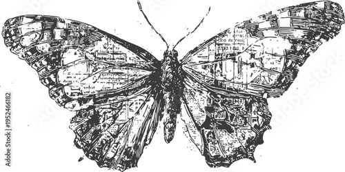 Ink sketch of a large butterfly with detailed wings and textured patterns in black and white