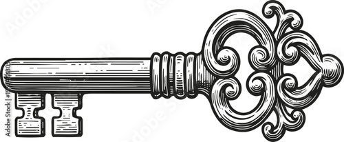 Antique ornate key with intricate decorative design vintage old fashioned metal object