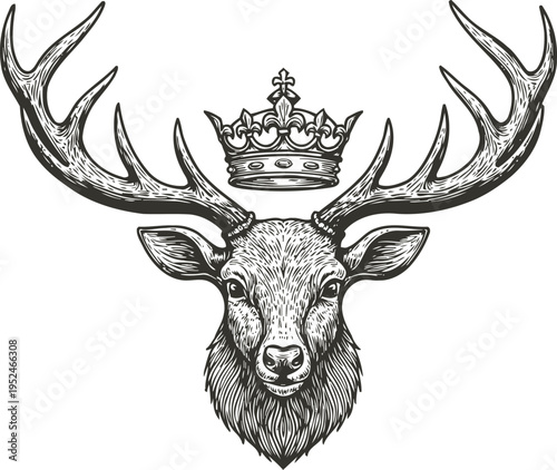 Detailed hand drawn stag head with large antlers and ornate crown above, vintage wildlife illustration