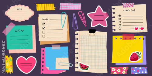 Cute memo paper frames with colorful stickers and doodle elements, cartoon vector set of illustrations. School notebook pages, diary sheets, and decorative tape for kids journals and planners.