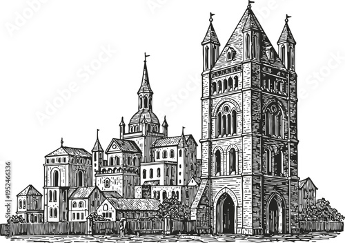 Detailed vintage ink drawing of medieval european castle with towers, arches, and intricate stone architecture