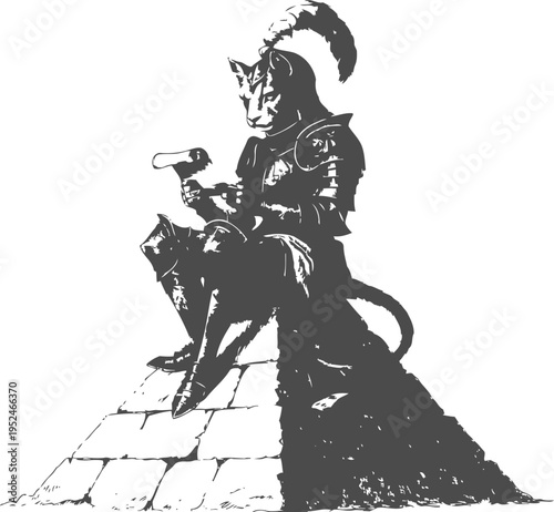 Cat knight sitting on a stone wall in full armor reading a scroll, medieval fantasy illustration